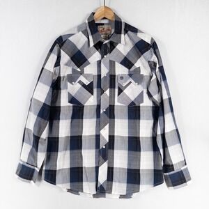 Wrangler Shirt Mens Sz Medium Blue Gray Plaid Pearl Snap Cotton Pockets Western